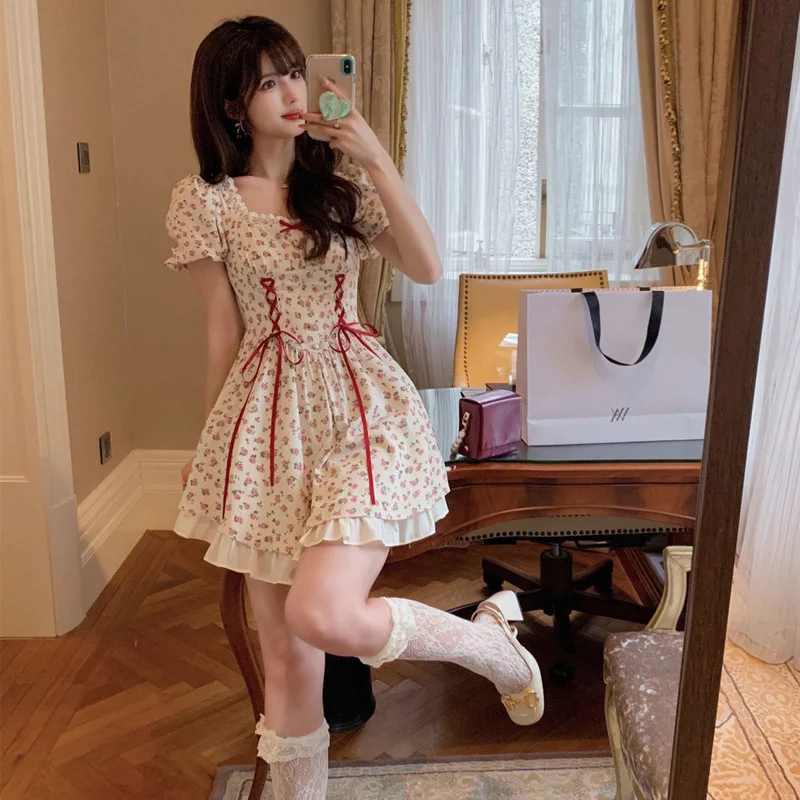 

Japan Fashion Airy Dress Summer Show Thin Soft Bow Floral Rose Print Short Sleeve Lace-Up Sweet Princess Dress Woman Clothing