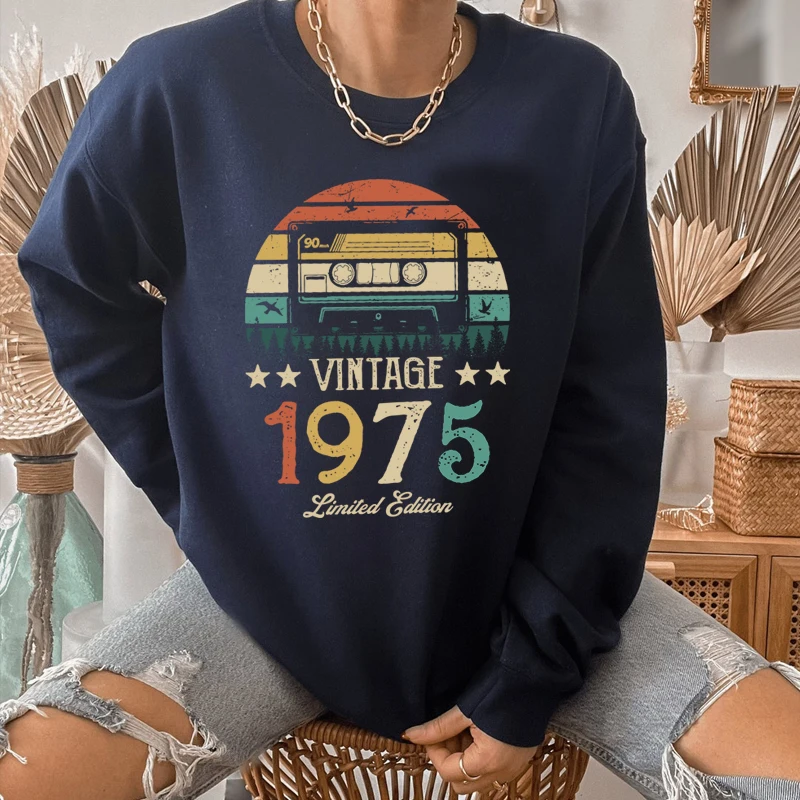 

Original Design Vintage Magnetic Tape 1975 48th 48 Years Old Women Sweatshirt Harajuku O Neck Birthday Party Clothes Jumper Top