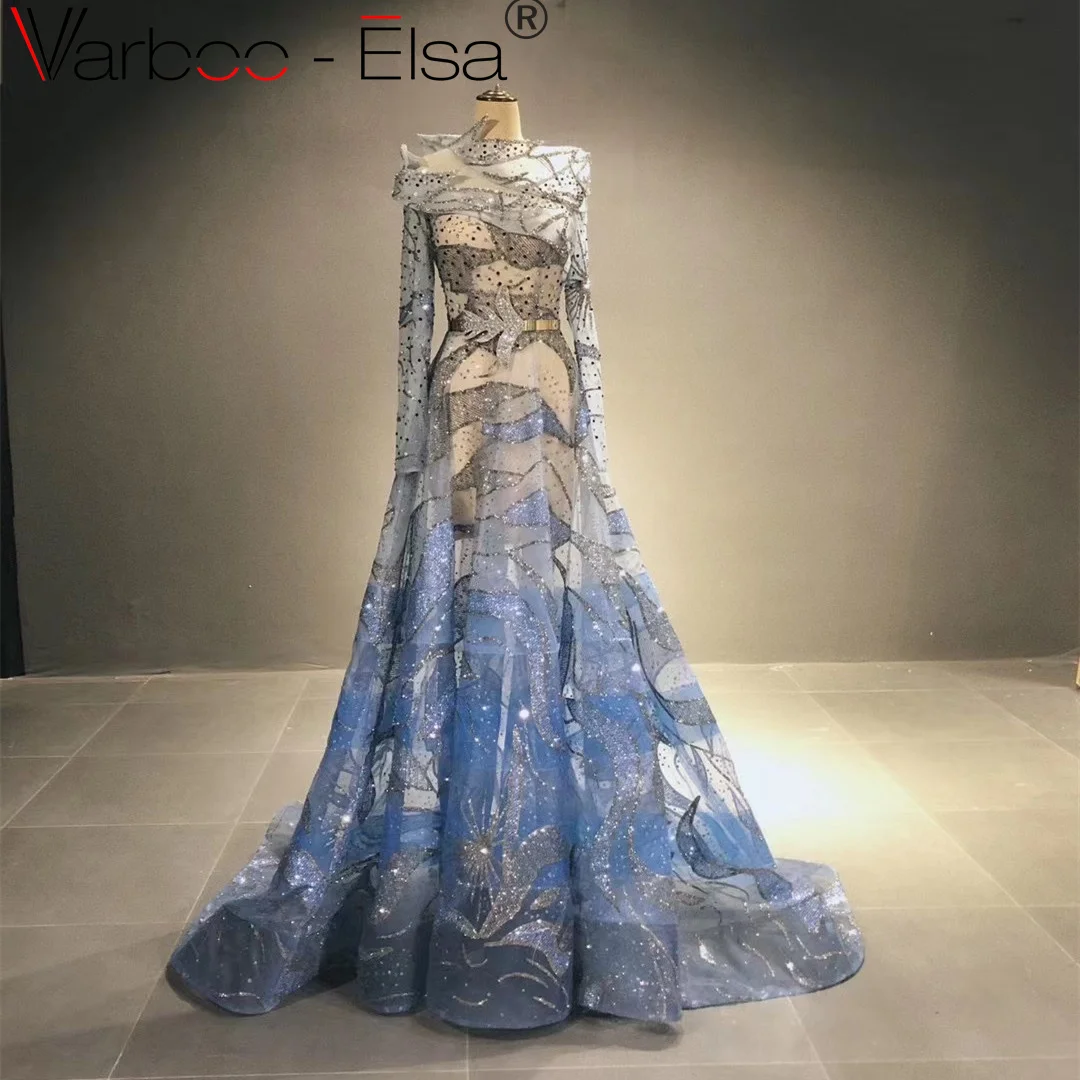 

Varboo_Elsa Luxury Leaves Blue Dubai Evening Dresses 2023 Elegant O-neck Long Formal Dress for Women Wedding Party Wear