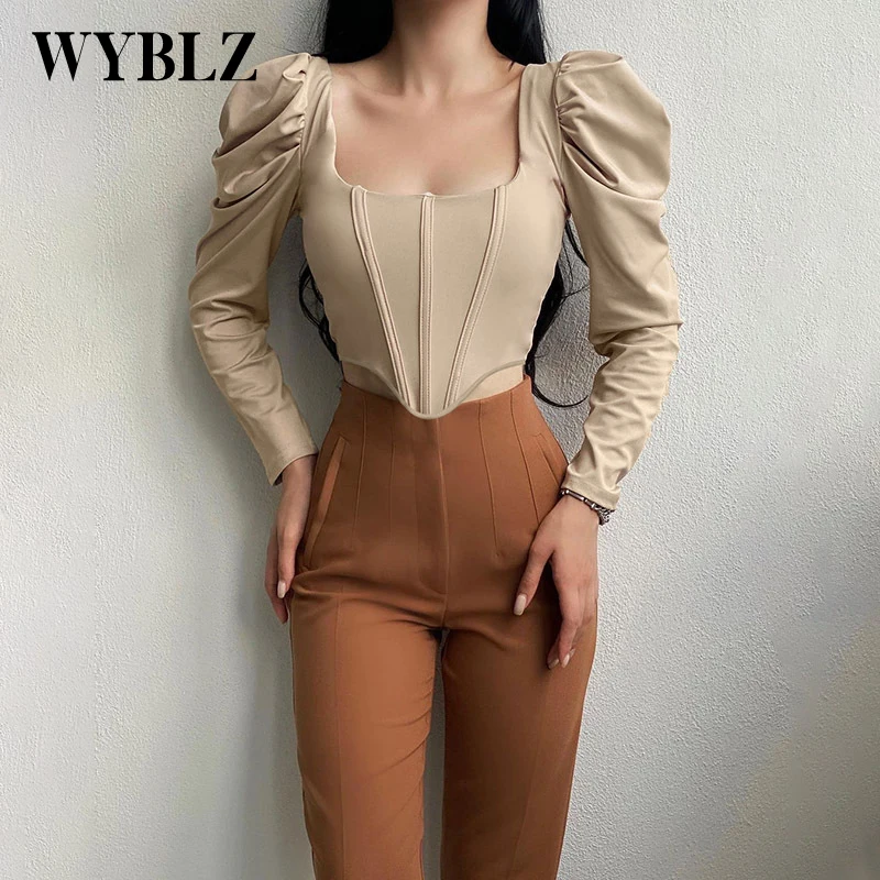 

Ins Retro Square Collar Women Blouse Pure Desire Sexy Long-sleeved Top Elegant Puff Sleeve Fishbone Corset Short Top Spring New