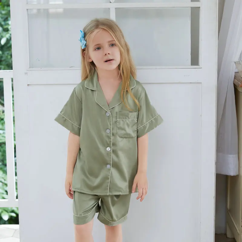 Children Colorful Summer Short Pajama Set Wholesale Baby Girls Silk Pajama Set 2pcs Short Sleeve With Shorts Summer Sleepwear