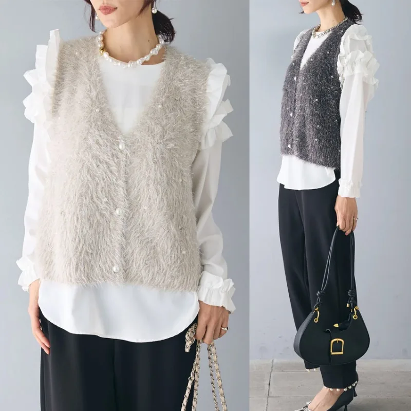 Осень-зима вязаный жилет с бисером женская верхняя одежда корейская мода