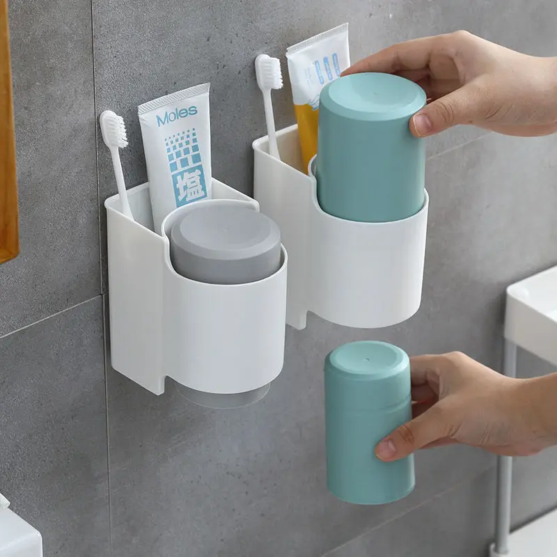 Toothbrush Holder Toothpaste Rack Mouthwash Cup  Strong Adsorption Hanging Storage Rack With Cup  Bathroom Accessory Double