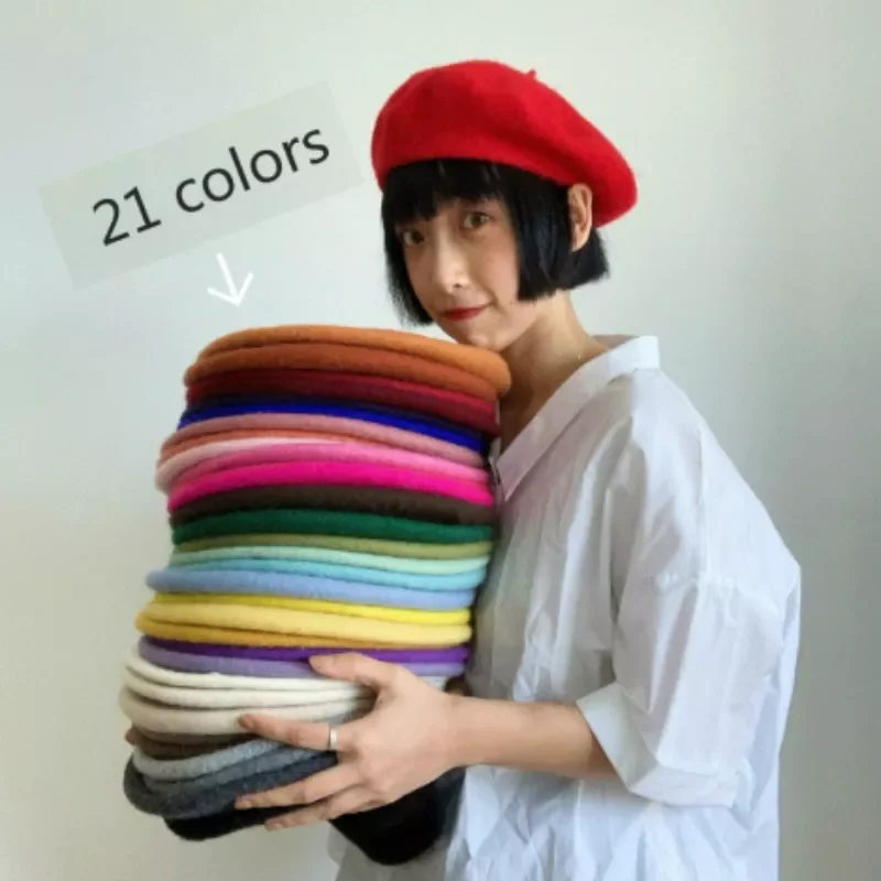 

Girl Solid Color Beret French Artist Warm Wool Winter Beanie Hat Retro Vintage Plain Beret Solid Color Elegant Ladies Winter Hat