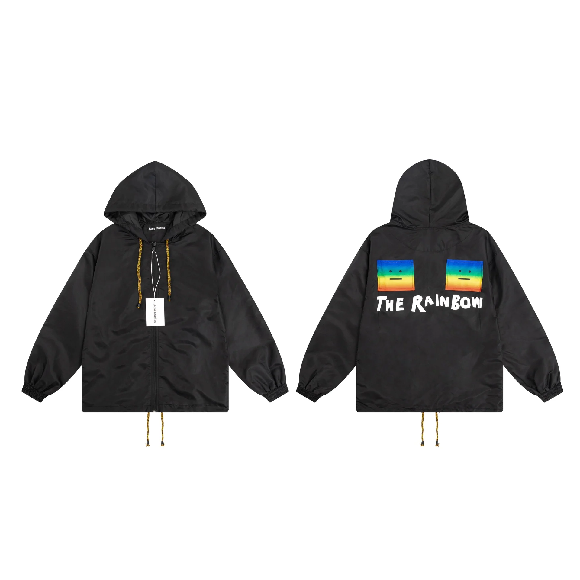 

23SS New Acne Studios Rainbow Smiling Face Hooded Charge Coat Men's and Women's Letter Casual Jacket