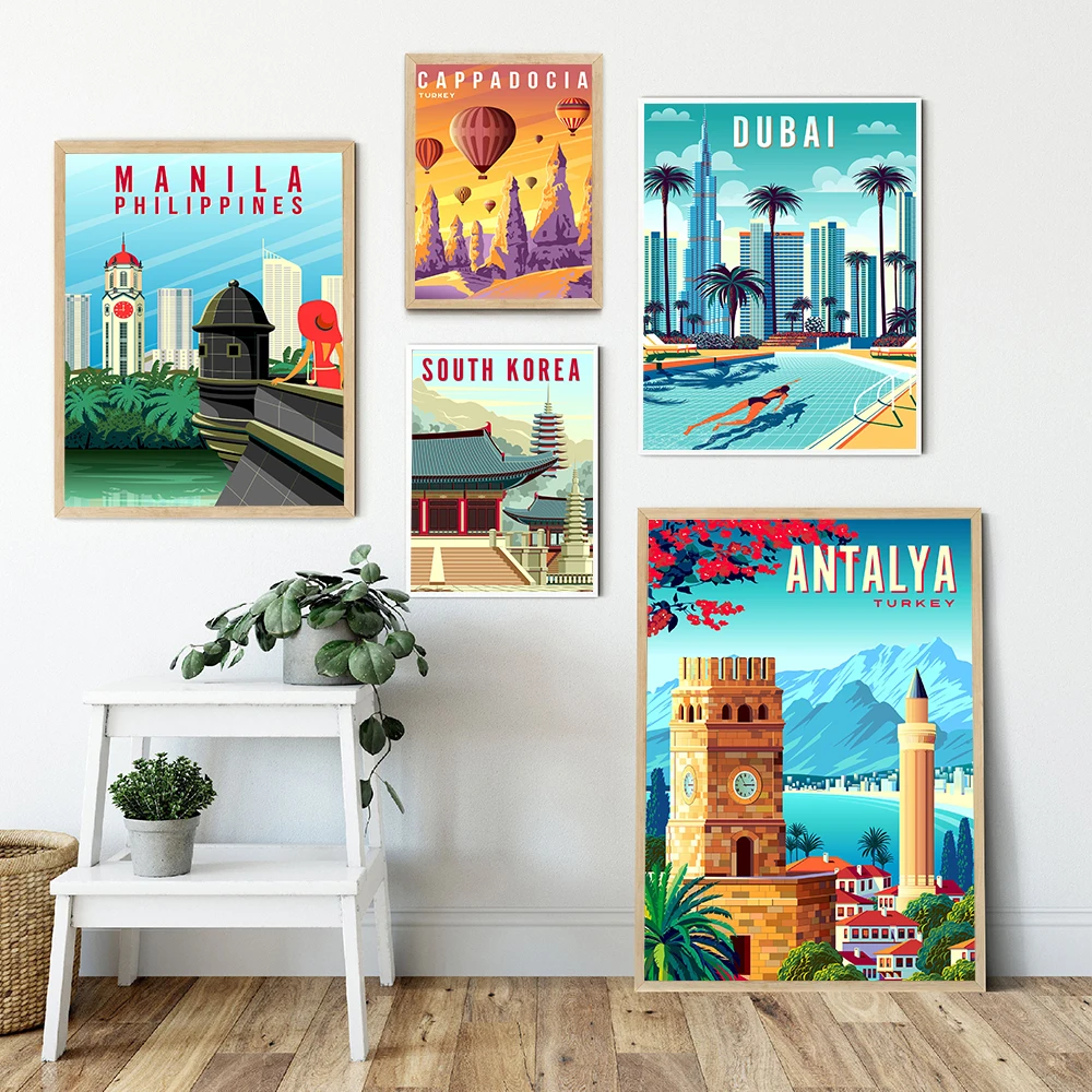 

Canvas Painting Turkey Dubai South Korea Israel Philippines Vintage Travel Cities Landscape Poster and Print Wall Decor Pictures