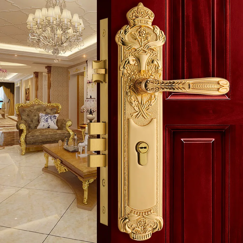 

Europen Fashion Entrance Doors Door Locks Brass Golden Interior Solid Wood Panel Handle Lockset Rose Golden Bedroom Bookroom