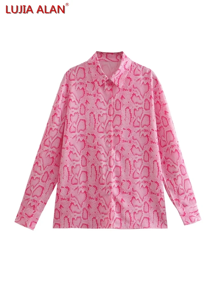 

Animal Print Women Basic Shirts Autumn Female Long Sleeve Blouse Turndown Collar Loose Tops LUJIA ALAN B682