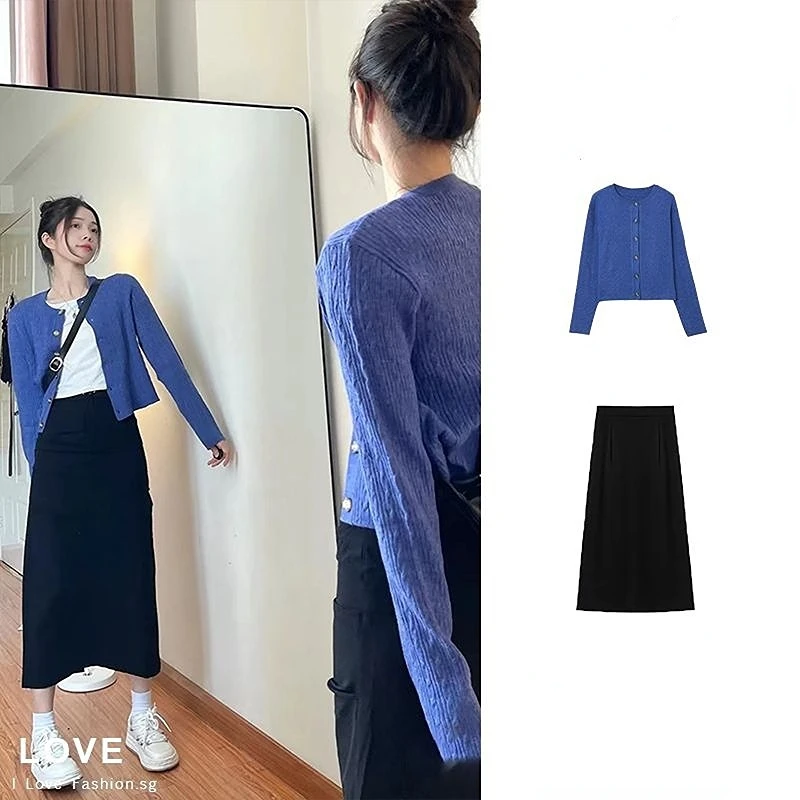 

Женский комплект из двух предметов, тонкий вязаный Топ свободного покроя, кардиган, жакет с высокой талией и полуюбка, осень 2023