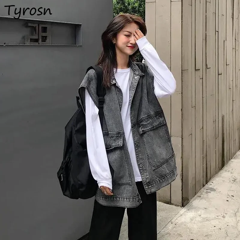 

Women Denim Vests Vintage Turn-down Safari Style Harajuku High Street Hip Hop Solid Waistcoats All-match Trendy Bf Chic Outwear