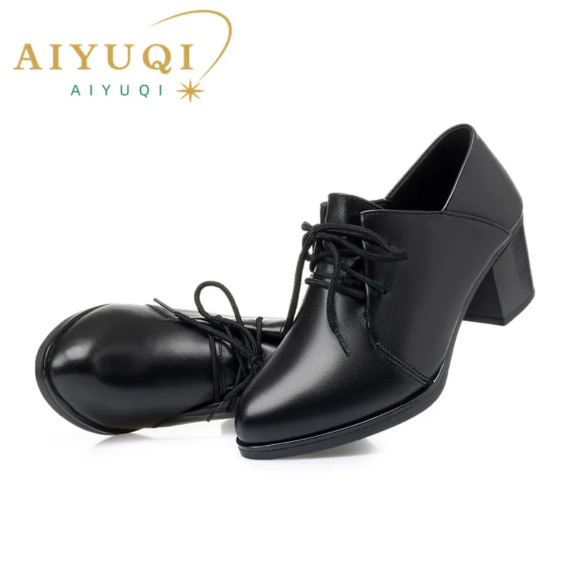 AIYUQI Women Office Shoes Genuine Leather Autumn Ladies High Heel Shoes Lace Up Ladies Shoes With Heels Fashion