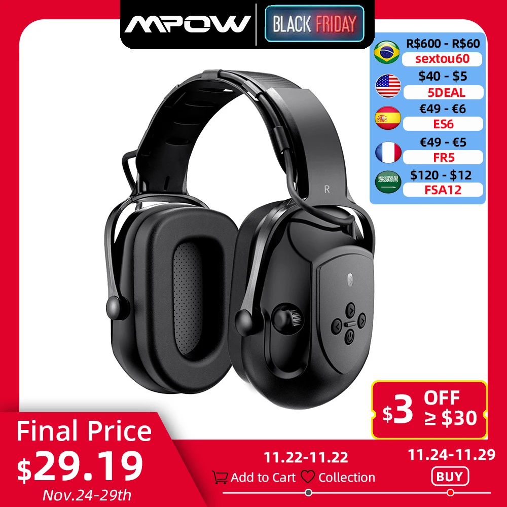 

Mpow Upgraded Bluetooth Noise Reduction Ear Muffs Safety NRR 29dB/SNR 36dB Adjustable Hearing Protection Ear Defender Headphones