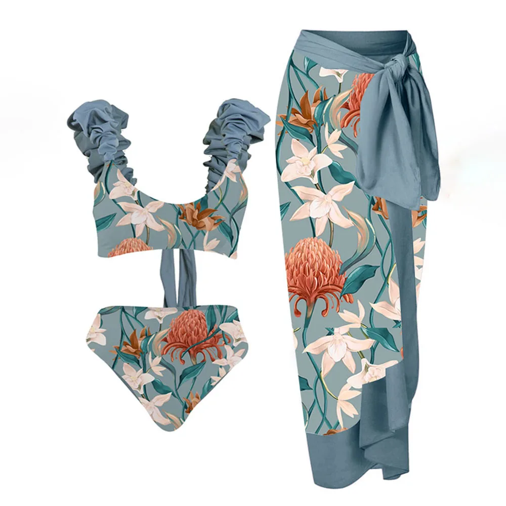 

Fashion Floral Print Bikini Swimsuit 2023 Woman Three Piece Suit Young Girls Beach Dress Elegance Luxury Maillots De Bain