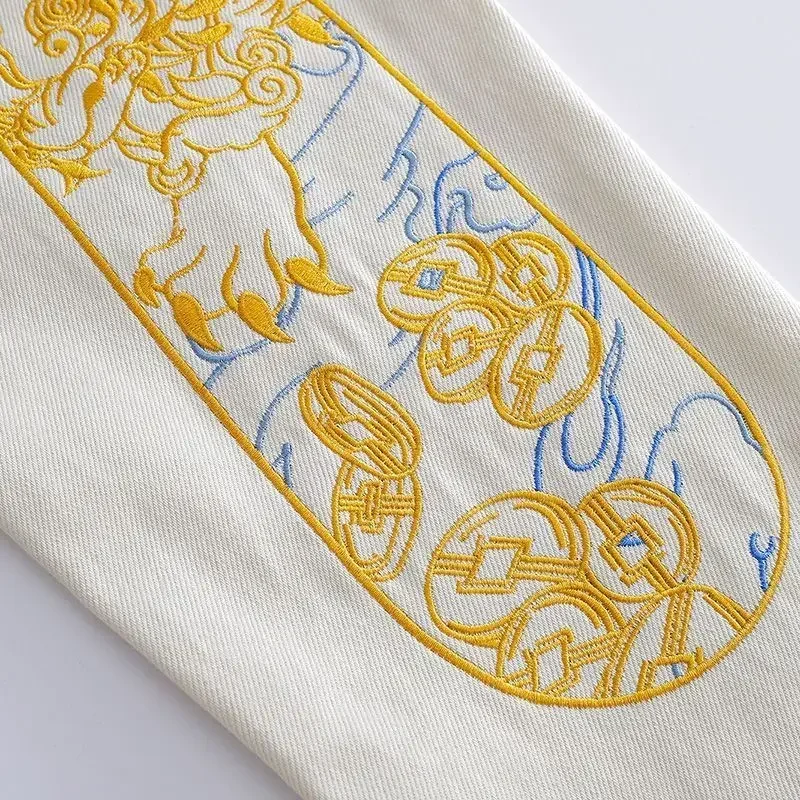 Мужские ковбойские брюки прямые бежевые джинсы с вышивкой и графическим принтом