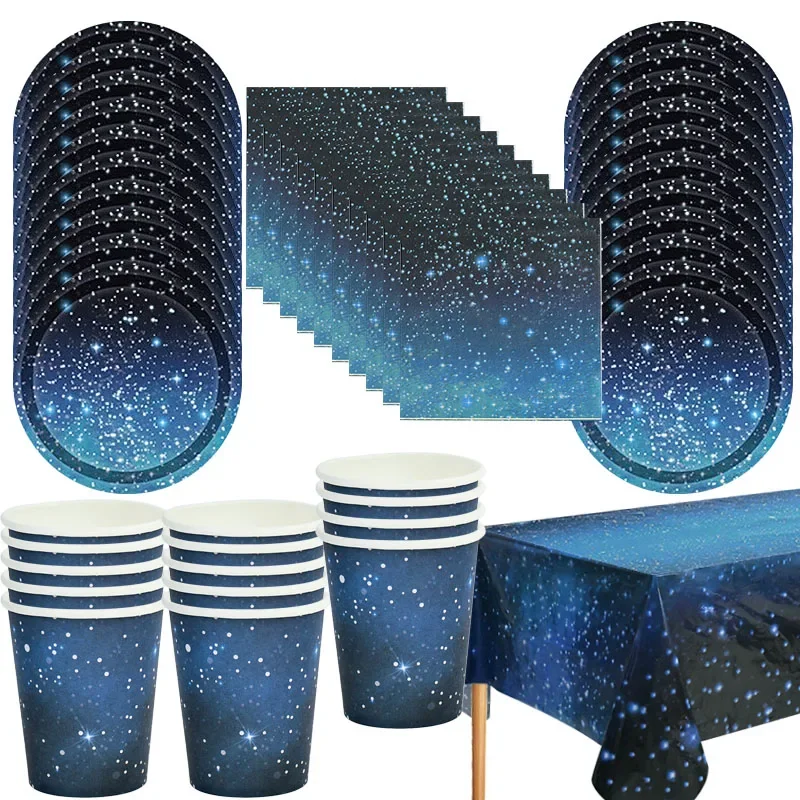 

53Pcs/set Galaxy Party Disposable Tableware Starry Night Sky Paper Plate Cup Tablecloth Kids Outer Space Birthday Decor Supplies
