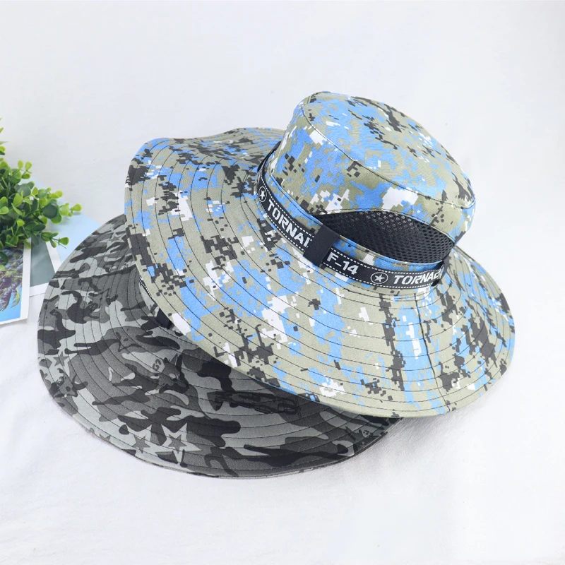 

Summer Camouflage Fishing Hat Man Wide Breathable Mesh Sun Cap Beach Hats Outdoor Camping Hiking UV Protection Shade Hat