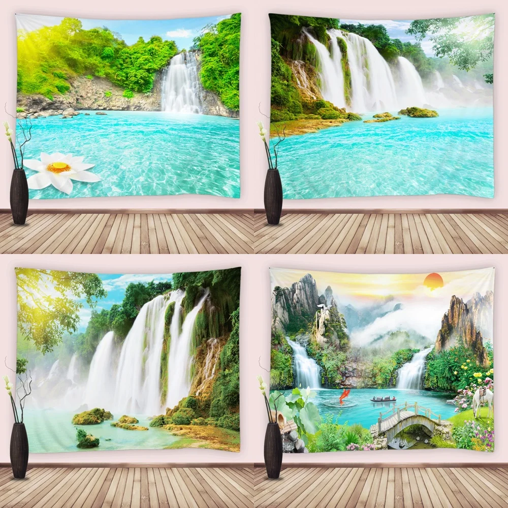 

Forest Waterfall Lotus Floral Tapestry Nature Landscape Mountain Lake Wall Hanging Cloth Tapestry Bedroom Art Home Decor Fabric