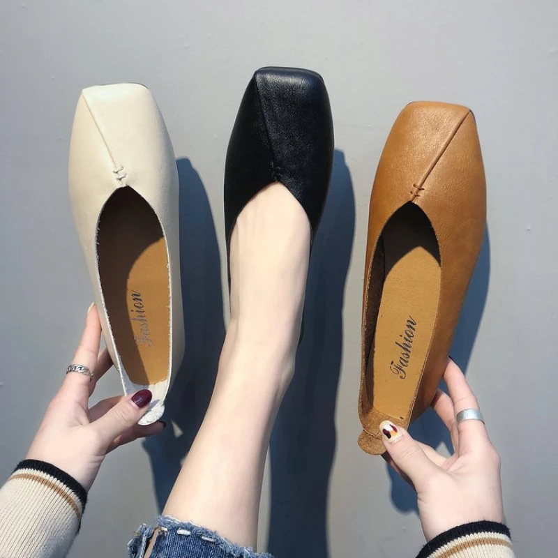 

Women Flats Leather Shoes Square Head Slip-on Breathable Soft Sole Cozy Loafers Female Daily Commute Simple Shoes Korean Version