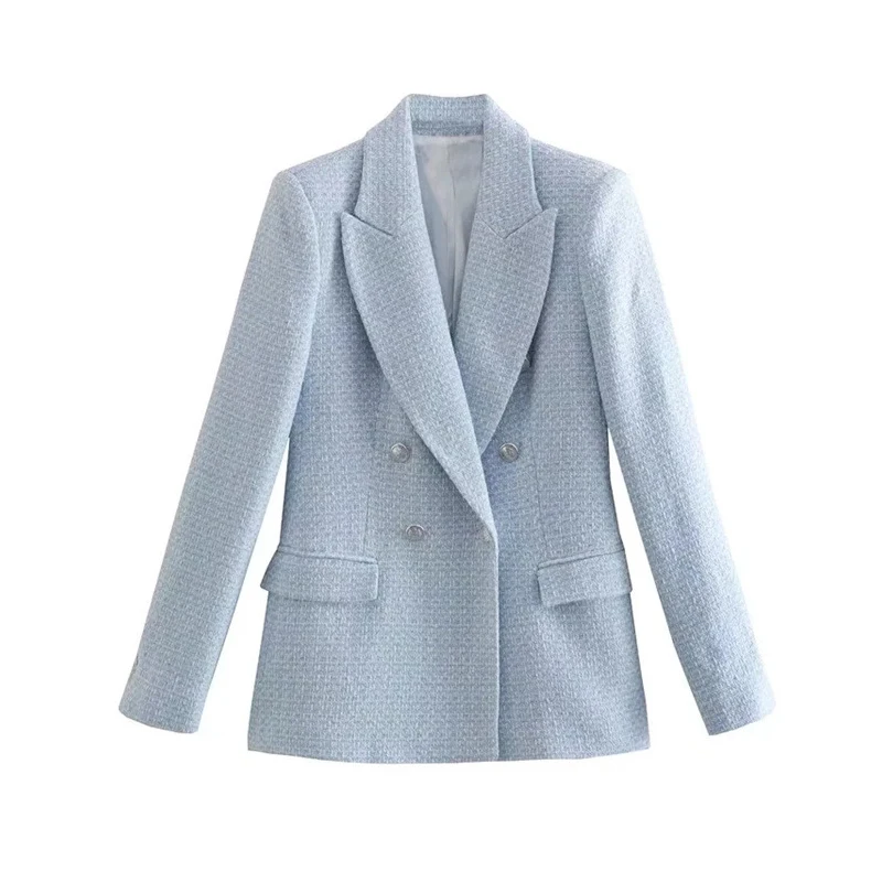 

Autumn Wathet Women Fashion Double Breasted Tweed Blazer Coat Vintage Long Sleeve Flap Pockets Female Outerwear Chic Clothing