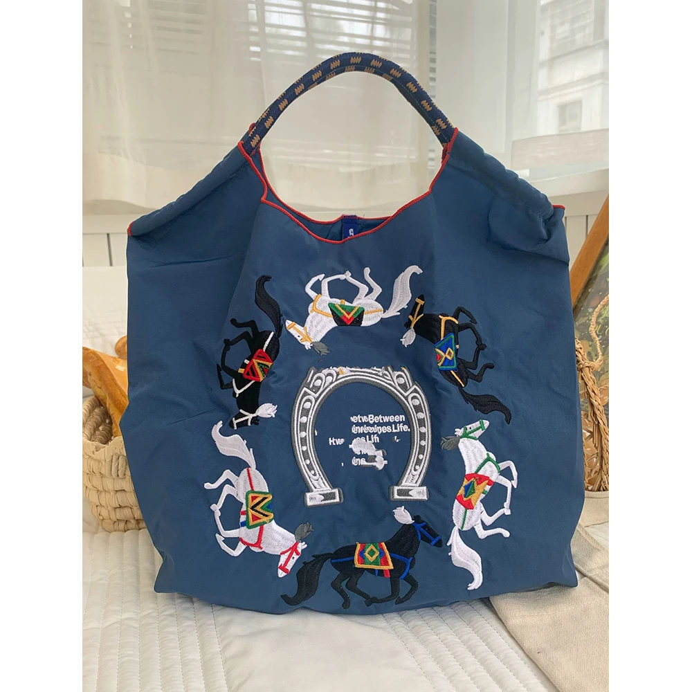 Eco Bag Designer Bags for Women Horse Embroidery Women Shoulder Bag Ball Shopper Purses Rope Handle Tote Handbag Nylon Hobos New