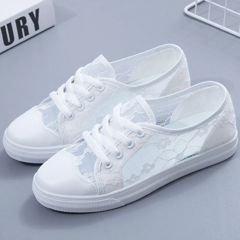 

Women's Mesh White Sneakers Fashion Breathable Soft Bottom Vulcanized Shoes Casual Lace Up Walking Flats Zapatillas De Deporte