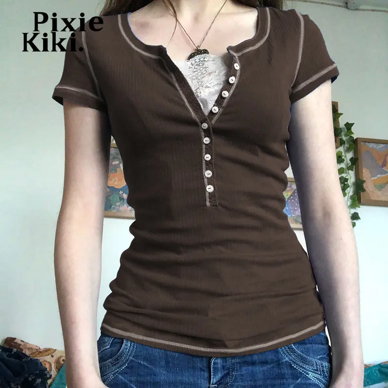 

PixieKiki Y2k гранж Сказочный Топ на пуговицах кружевная ребристая футболка коричневые винтажные эстетические футболки базовая одежда
