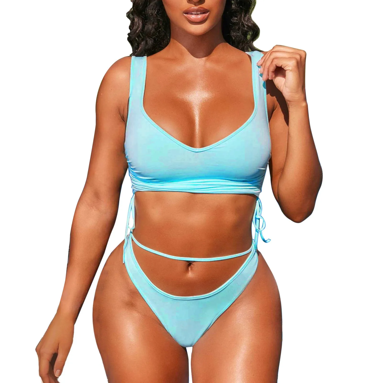 

Solid Backless Bikini Tethered Sexy Swimsuit Swimsuit Color Women's Split Swimwears Tankinis Set Swimwears Swimsuit bikini