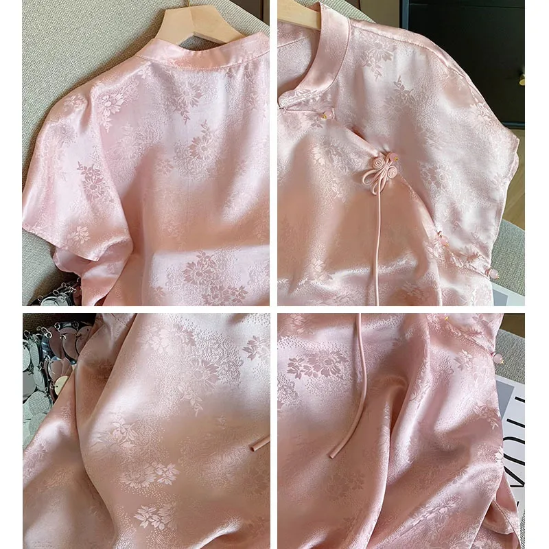 Розовый жаккардовый Cheongsam рубашка в китайском стиле топ Тан с короткими рукавами
