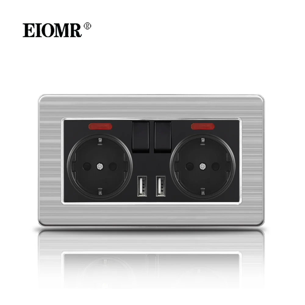 

EIOMR 16A Черные настенные розетки и выключатели стандарта ЕС Панель из нержавеющей стали с защитной дверцей для детей с USB-розеткой