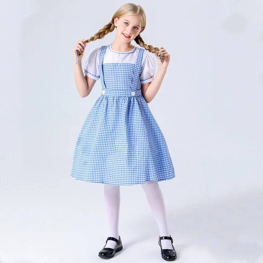 Child Traditional Blue Plaid Oktoberfest Dirndl Dress Costume for Kid Girls Halloween Party Cosplay Dorothy Wizard of Oz Costume