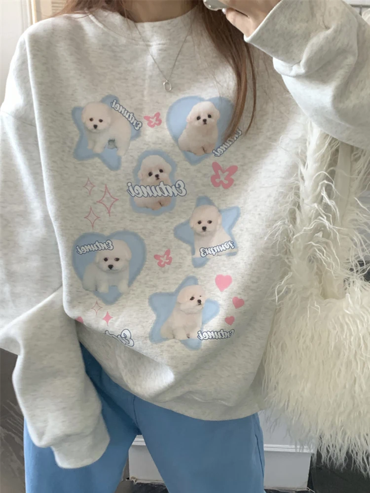 

Плюшевый пуловер с принтом собаки, плотный теплый свитер, пуловер, одежда в стиле 1920-х, Y2k, корейская мода, Свободный свитшот в стиле грандж, Т...