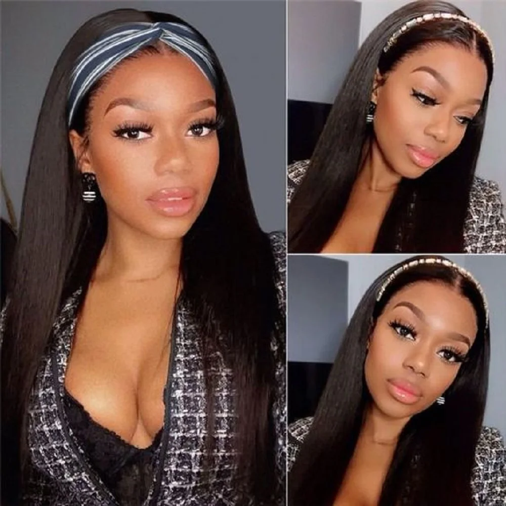 Headband Wig Human Hair Straight Scarf Wig Glueless Brazilian Wigs For Black Women Remy Full Machine Made Wig 180% Density