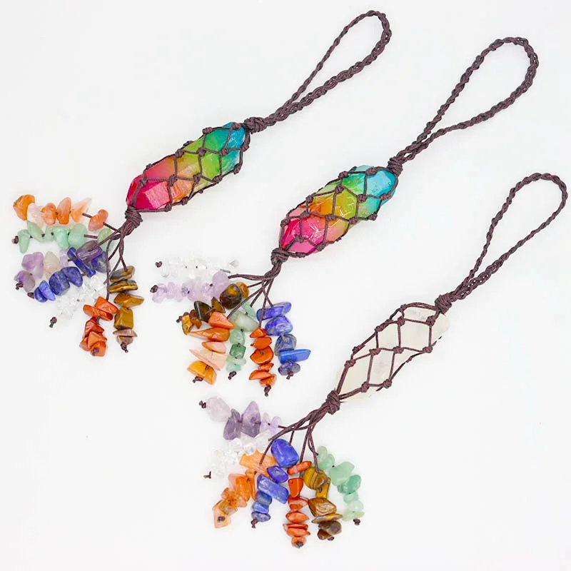 

7 Chakela Hand-woven Hexagonal Column Yoga Energy Stone Car Hanging Tassel Pendant Rainbow Column Natural Crystal Pendant