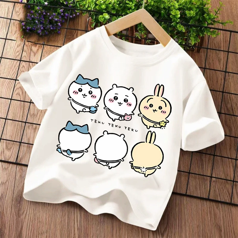 Фото Новая детская футболка Chiikawas с принтом персонажей мультфильмов Kawaii, футболки с короткими рукавами для мальчиков и девочек, летняя детская одежда №3