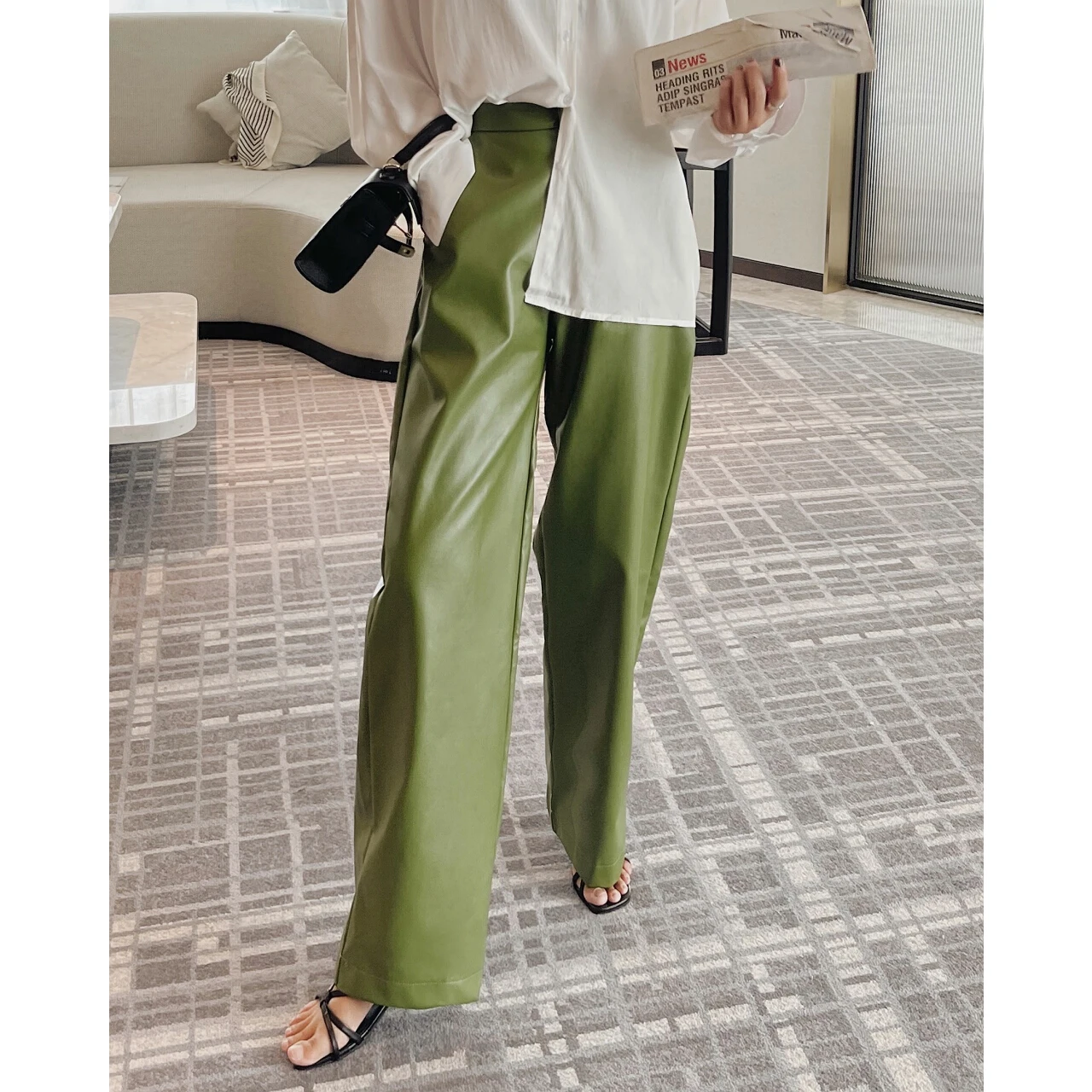 

Casual Cargo Fashion Green Korean Capri Streetwear Za Leg Vintage 2022 Pants Wide Woman Trousers Leather Y2k Clothes Oem Pu Faux