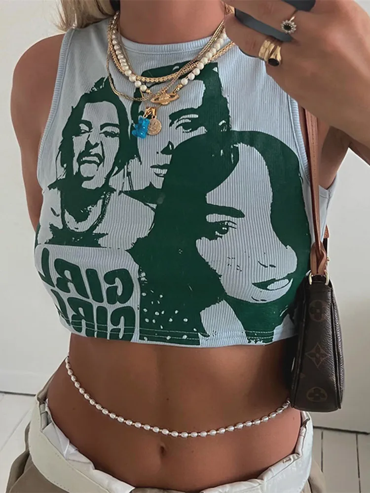 

New 2022 Summer Women Y2K Print Crop Top Basic Vintage Sexy Tank Tops Sleeveless Casual Cami Off Shoulder O-Neck Ribber