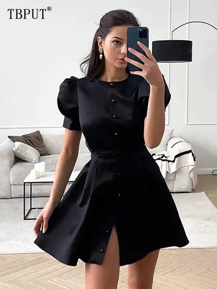 

Elegant Puff Sleeve Black Dress Women Fashion O Neck Lace Up Split Vestidos Spring Summer Casual Female Single Breasted Dresses