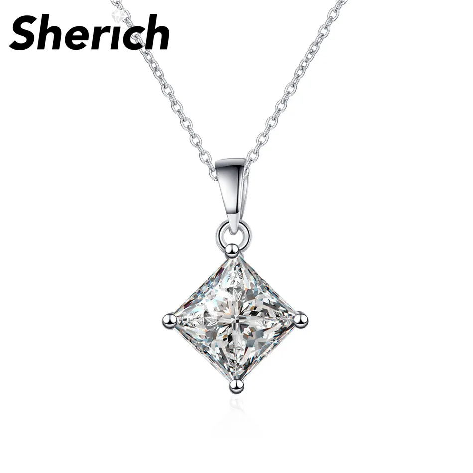 

Sherich Square Moissanite S925 Silver Princess Cut D Color Women's Delicate Luxury 4 Prong Pendant Necklace Banquet Fine Jewelry