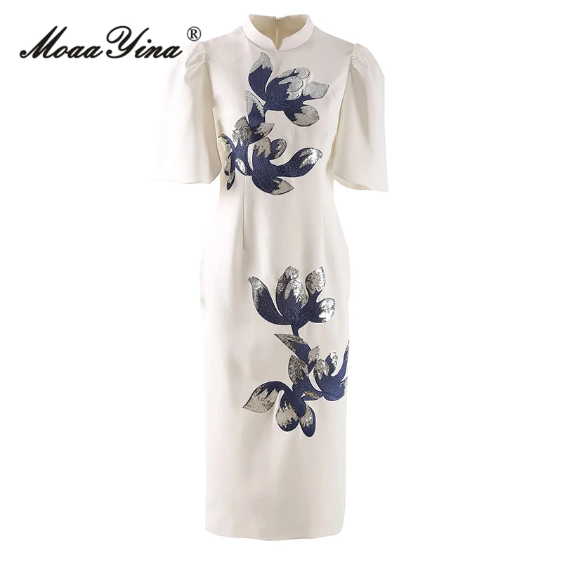 

Женское винтажное платье-миди MoaaYina, белое вечерние платье с вышивкой и воротником-стойкой и блестками, лето 2019