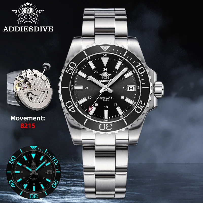Фото ADDIESDIVE AD2504 Мужские часы для дайвинга Япония 8215 Автоматические 200 м Водонепроницаемые механические часы из нержавеющей стали со светящимся сапфиром №2