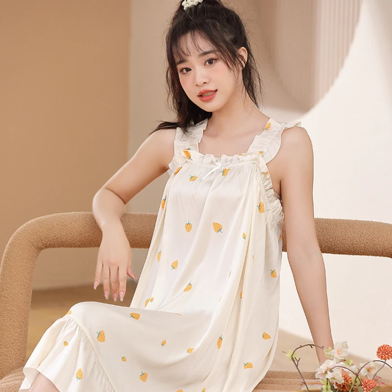 2023 New Pajamas for Women's Students Summer Ice Silk Nightgowns Cute Style Breathable and Casual Sleepwear Can Be Worn Outside