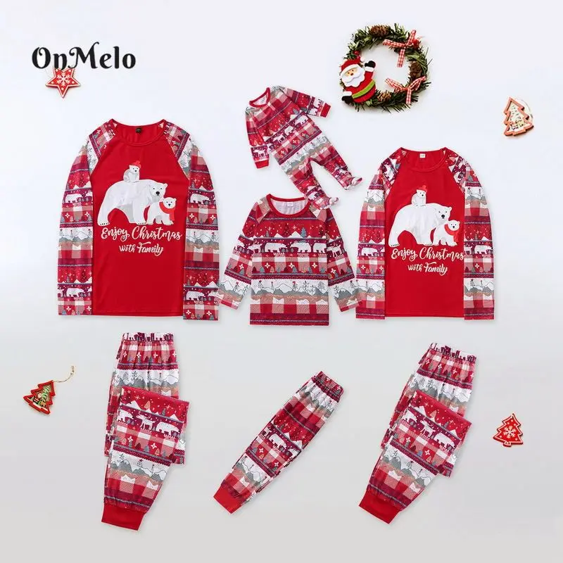 

OnMelo Christmas Family Pajamas Set Family Sleepwear Outfits Polar Bear Print Long Sleeve Round Collar T-shirt+Trousers/Romper