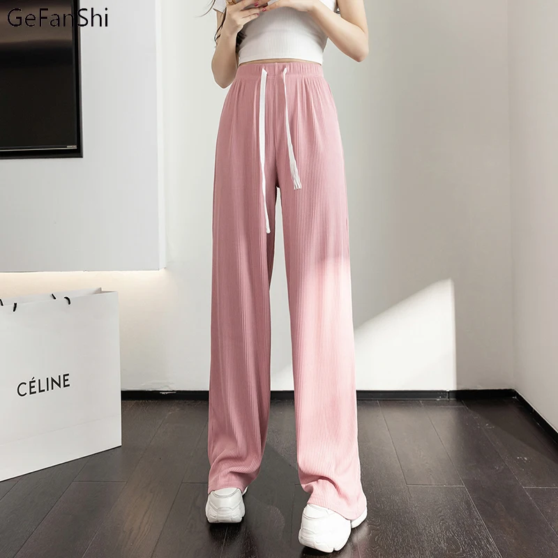 

Женские широкие брюки, винтажные однотонные повседневные свободные брюки с поясом на резинке, весна-лето 2022