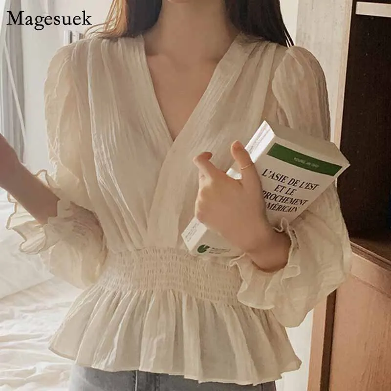 

V-neck Elegant Women Shirt Puff Sleeve Chiffon Blouse Women Pleated Sweet Elastic Waist Female Shirts Casual Tops Blusas 12728