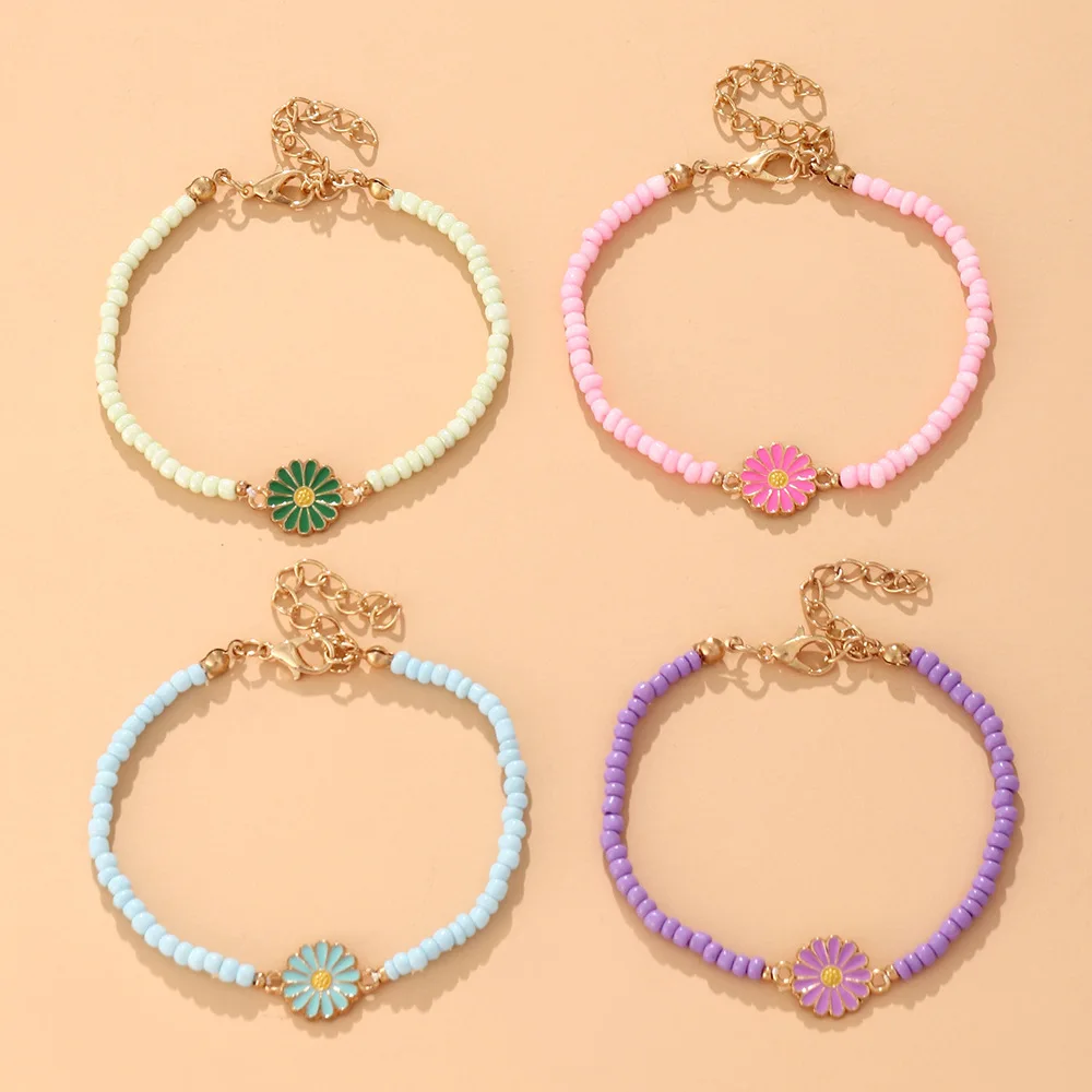 

Cute Korean Flowers Daisy Bracelets Bohemian Colorful Crystal Beaded Bracelet Handmade for Women Pulseira Jewelry 4PCS/SET