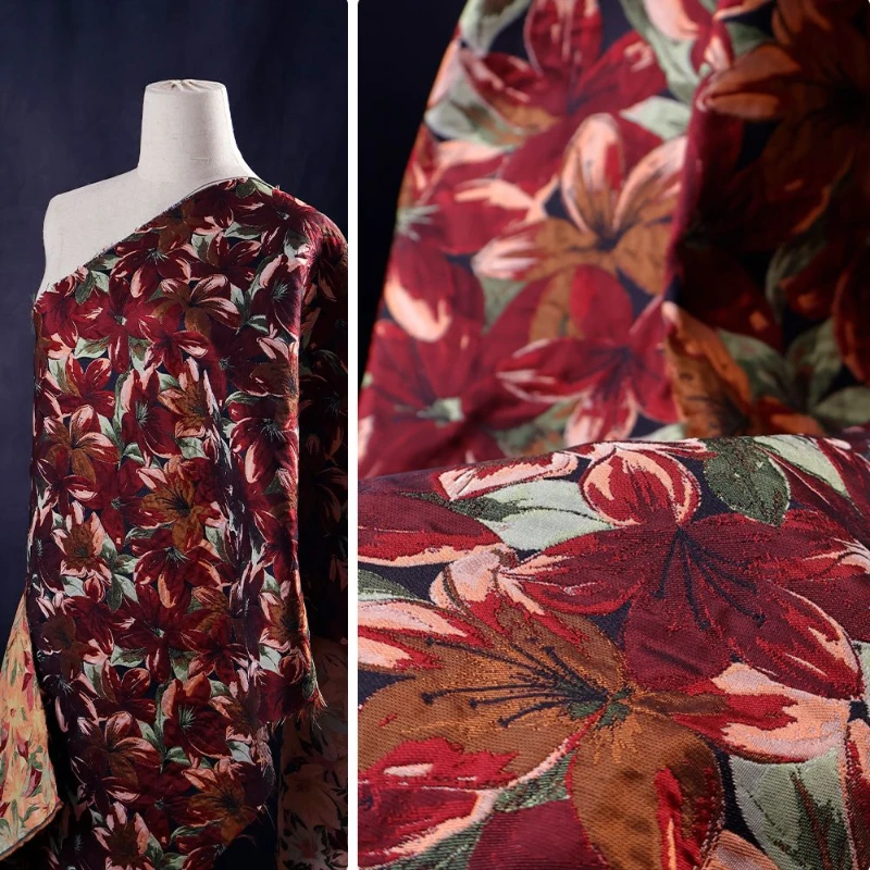 Китайский стиль микро силуэт жесткий винно-красный большой цветок жаккардовая