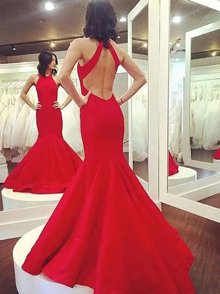 

New Ladies Classic Red Sexy Slim Fit Mermaid Sleeveless Halter Ball Gown Court Train Backless Pleated Formal Party Dress