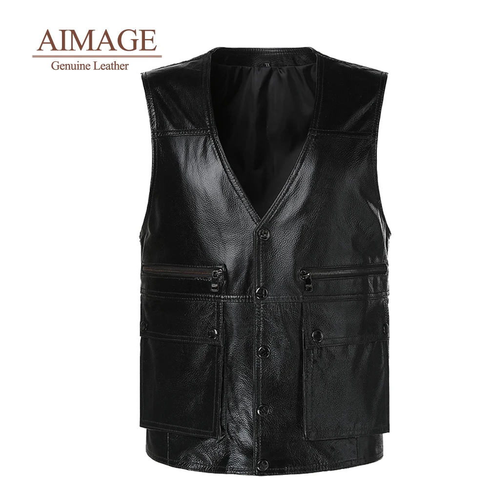 

Cowhide Chaqueta De Cuero Hombre Sleeveless Genuine Leather Jacket Men V Neck Jaqueta Couro Legítimo Masculino Top Gun PY333