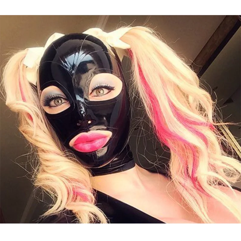 Sexy Black Latex Hood Mask Fetish Open Eyes Mouth with Hair Pieces Wig Back Zipper
