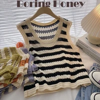 boring honey stripe knitted assorted vest crop tops thin slim fit t shirts sleeveless pullover hollow out camisetas tops women